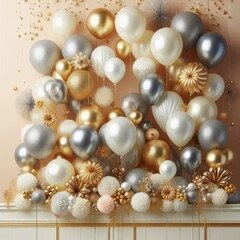 Festive and elegant layout with a collection of gold, silver, and white balloons clustered at the top

