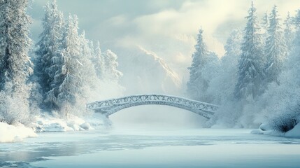 A snow-covered bridge crossing a frozen river, tall trees on both sides covered in a thick layer of snow, fog rising from the river
