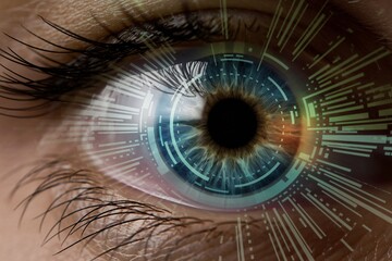 Digital Eye: Close-up of a human eye overlaid with futuristic digital circuitry, symbolizing technology, innovation, and the interconnected world.