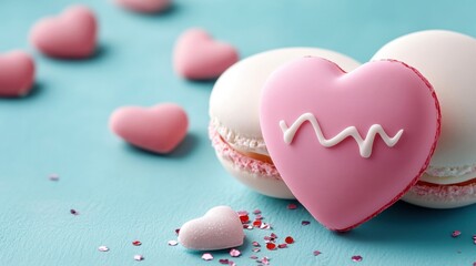 Fototapeta premium Delicious macarons with heart decorations on a blue background, perfect for celebrations and desserts.
