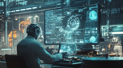 Futuristic Scientist Works At A High Tech Console