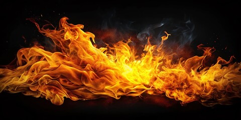 Obraz premium Captivating Fire Blasts on a Black Background: Close-Up Shot Perfect for Visual Impact and Creative Projects with Ample Copy Space for Text Overlay