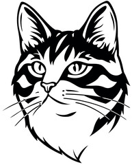 Black Drawing of Cats Head Isolated on White Background - Illustration, Vector