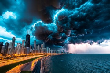 A vibrant image of a storm cloud formation above a modern city skyline, casting ominous shadows below