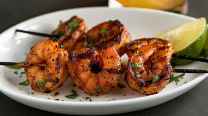 Fototapeta premium Grilled Shrimp Skewers with a garlic herb marinade in Beachside grill with tropical drinks