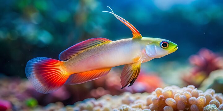 Captivating Firefish Goby in a Serene Underwater Landscape: Minimalist Aquatic Beauty with Soft Lighting and Subtle Textures in a Tranquil Marine Environment