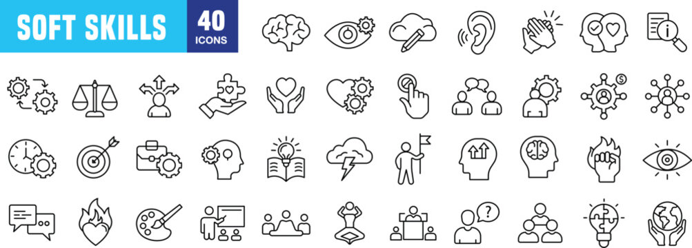 "Comprehensive Line Icons Representing Soft Skills for Modern Professionals"
