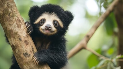 Naklejka premium A sloth bear cub with a sweet face, sitting in a tree with a playful expression