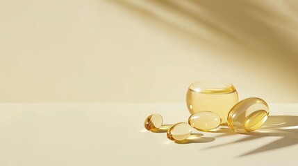 Soft Light on Yellow Background with Gel Capsules and Liquid Jar