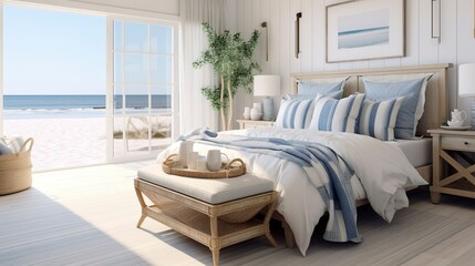 A photo of a coastal-inspired bedroom with nautical design