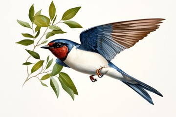 A vintage-style bird illustration featuring a swallow in flight, with muted colors and botanical details