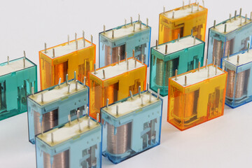 Electromagnetic relays for control in automation circuits. Close-up. Soft focus.