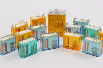 Electromagnetic relays for control in automation circuits. Close-up. Soft focus.