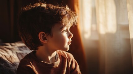A young child gazes thoughtfully out the window as warm, natural afternoon sunlight gently illuminates their face, creating a serene and peaceful ambiance.