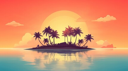 Obraz premium Tropical island silhouette at sunset with vibrant colors and reflections in calm water.