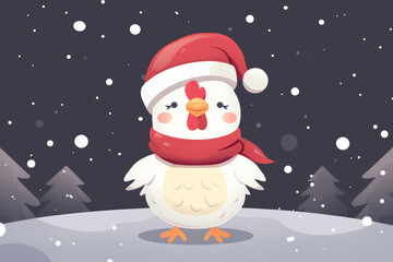 Festive cartoon chicken in santa hat and scarf standing in snowy winter forest
