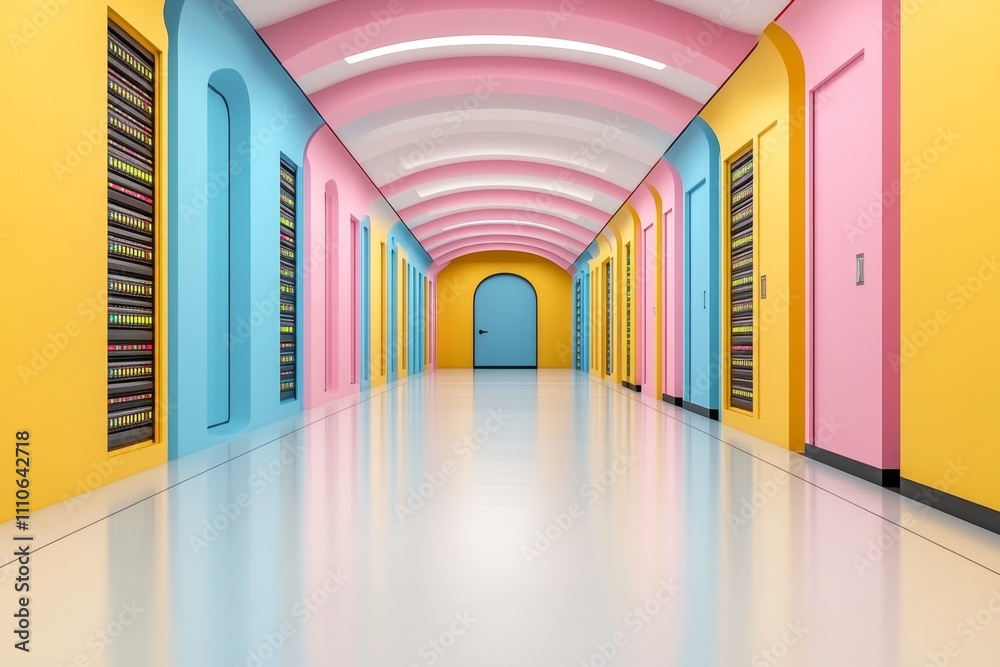 Poster Bright neon blue and pink illuminated server blocks in a futuristic data center, forming a digital corridor of advanced database technology Realistic 3D vector illustration