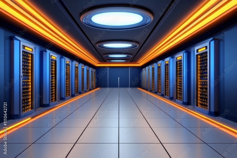Poster clean and futuristic server room with glowing hardware racks, database equipment, and cryptocurrency