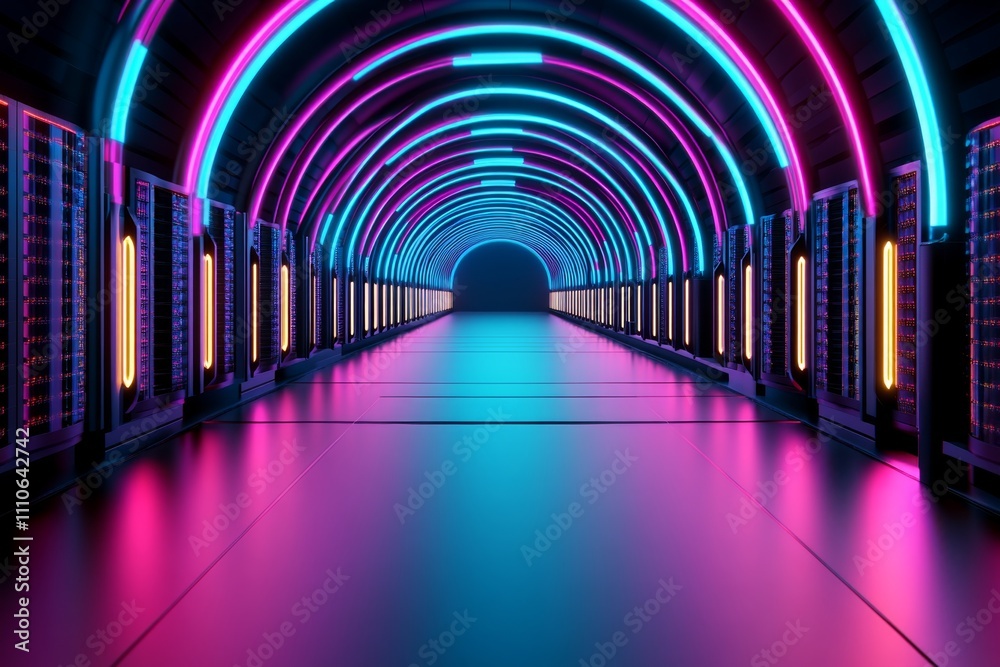 Poster Bright neon blue and pink illuminated server blocks in a futuristic data center, forming a digital corridor of advanced database technology Realistic 3D vector illustration