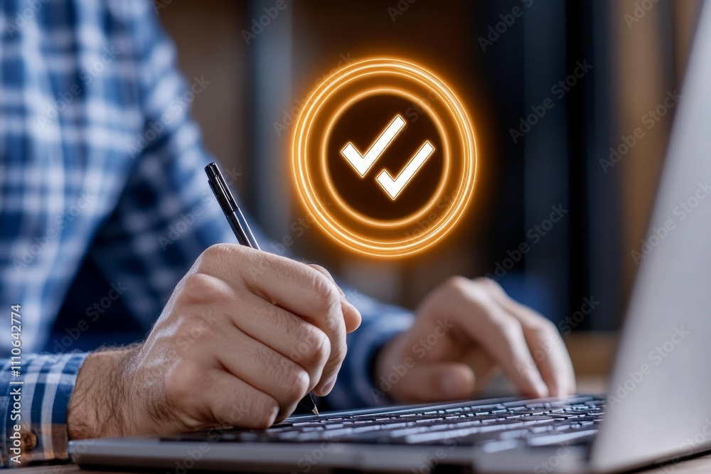 Aufkleber Close-up of hands typing on a keyboard with holographic document symbols and check mark overlays, emphasizing efficient digital approval on a glowing blue background