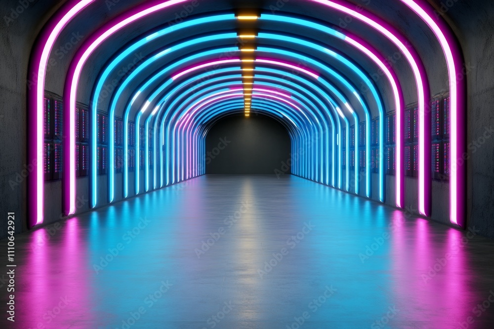 Poster digital data center featuring rows of glowing neon server stacks, blending pink and blue light into 