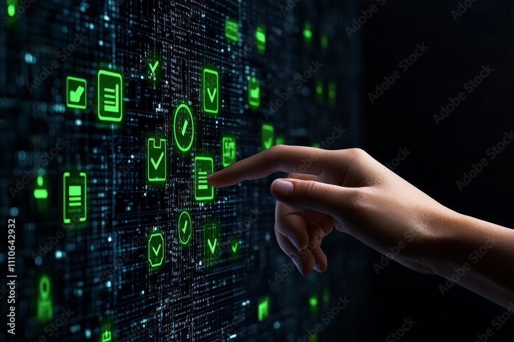 Poster digital approval concept with hands interacting with a virtual screen displaying document icons, gre