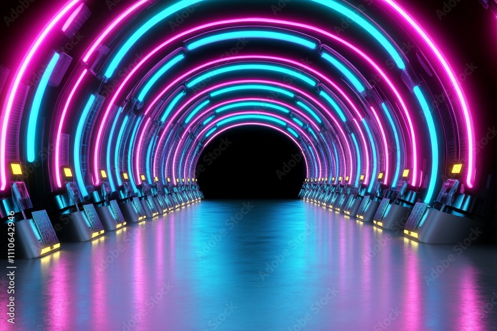 Aufkleber digital data center featuring rows of glowing neon server stacks, blending pink and blue light into 