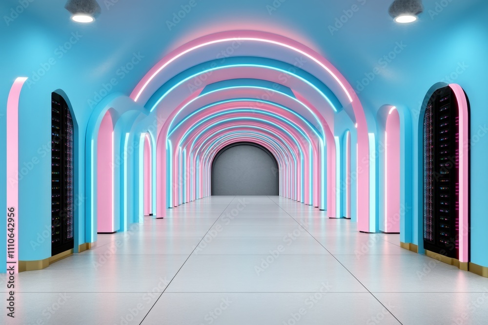 Aufkleber Futuristic data center with glowing neon blue and pink server racks, forming a sleek digital tunnel of high-tech information and database systems Realistic 3D vector illustration
