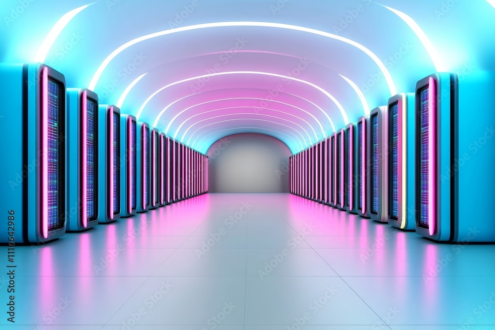 Poster futuristic data center with glowing neon blue and pink server racks, forming a sleek digital tunnel 