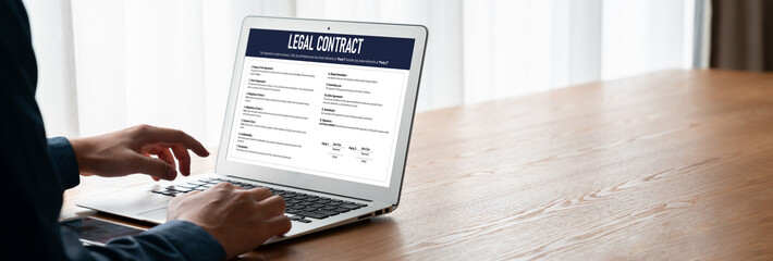 Digital legal contract provide terms and conditions document on computer screen ready for online digital signature for deal agreement of future business snugly