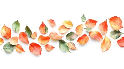 Colorful autumn leaves scattered on a white background, capturing the essence of fall.