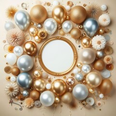 Festive and elegant layout with a collection of gold, silver, and white balloons clustered at the top
