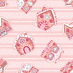 Seamless pattern with cute colorful gingerbread houses on pastel pink stripes and snow. Repeated surface vector design.
