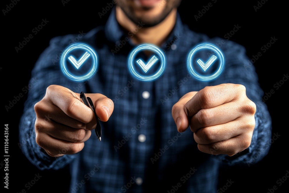 Poster Hands navigating on a touchscreen with digital document icons, approval check marks, and a sleek futuristic blue overlay, representing online validation processes