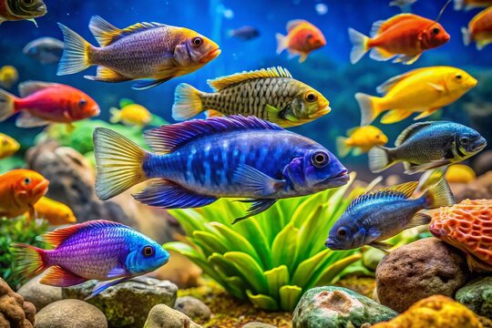 Captivating Lake Malawi Cichlids in Their Natural Habitat - Stunning Mbuna, Peacock, and Haps Species Showcased in Vibrant Colors and Dynamic Underwater Environment