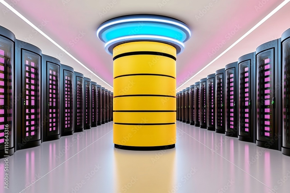 Poster high-tech server room with neon pink and blue lights, featuring glowing database towers and a sleek 