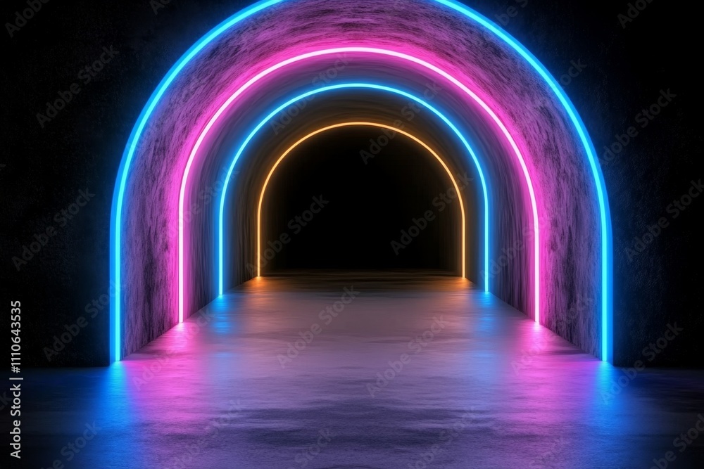 Aufkleber Modern data warehouse with neon blue and pink glowing servers arranged in a symmetrical tunnel, representing advanced database systems Realistic 3D vector illustration