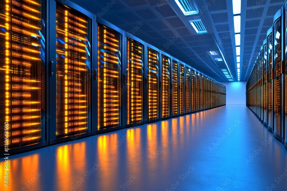 Poster modern datacenter filled with illuminated servers, showcasing cloud storage and database management,