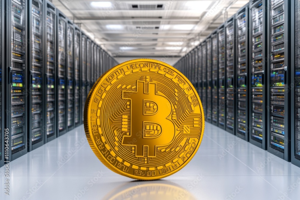 Poster modern server room with interconnected digital systems, cloud-based storage units, and cryptocurrenc