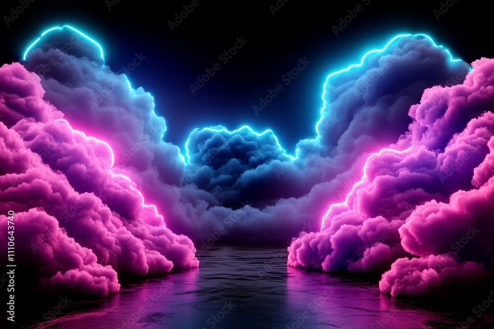 Poster Neon-lit clouds glowing vibrantly in a futuristic cyberpunk sky, with faint holographic patterns floating within them