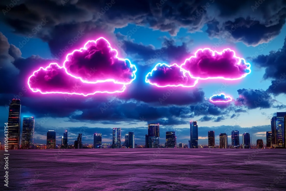 Poster neon-lit clouds glowing vibrantly in a futuristic cyberpunk sky, with faint holographic patterns flo