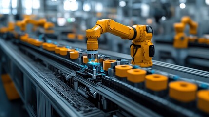 Fototapeta premium Robotic Arm in a Modern Manufacturing Facility Optimizing Production Efficiency with Automated Processes and Precision Tools on a Conveyor Belt