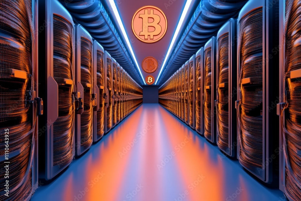 Poster server room featuring high-tech data racks and mining equipment, emphasizing blockchain technology a