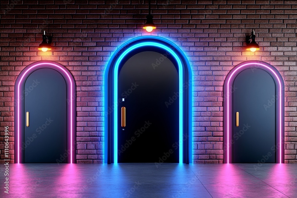 Poster Tunnel of glowing neon server racks in blue and pink light, representing futuristic data management and digital information systems Realistic 3D vector illustration