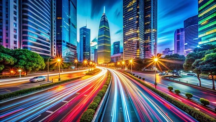 Fototapeta premium Captivating Light Trails on a High-Speed Motion Blur Background Showcasing Urban Night Life and Dynamic Energy in a Panoramic Perspective