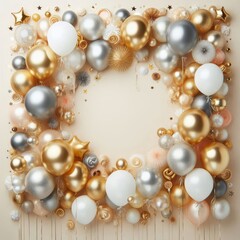 Festive and elegant layout with a collection of gold, silver, and white balloons clustered at the top

