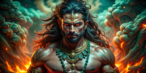 Obraz premium fiery god, intense gaze, muscular, long hair, gold jewelry, mystical, dramatic lighting, fantasy art.