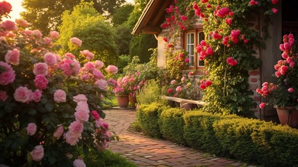 A photo of a cottage-style garden with climbing roses