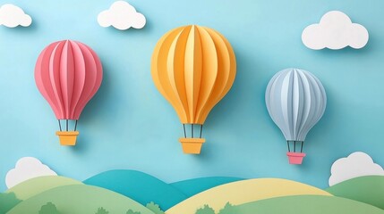 Obraz premium Colorful hot air balloons floating against a blue sky with soft clouds and rolling hills.
