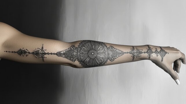 Intricate Black and White Mandala Tattoo on Outstretched Arm